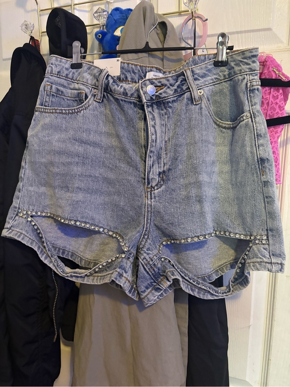 Forever 21 Light Blue Denim Shorts with Crystal Scallop Trim